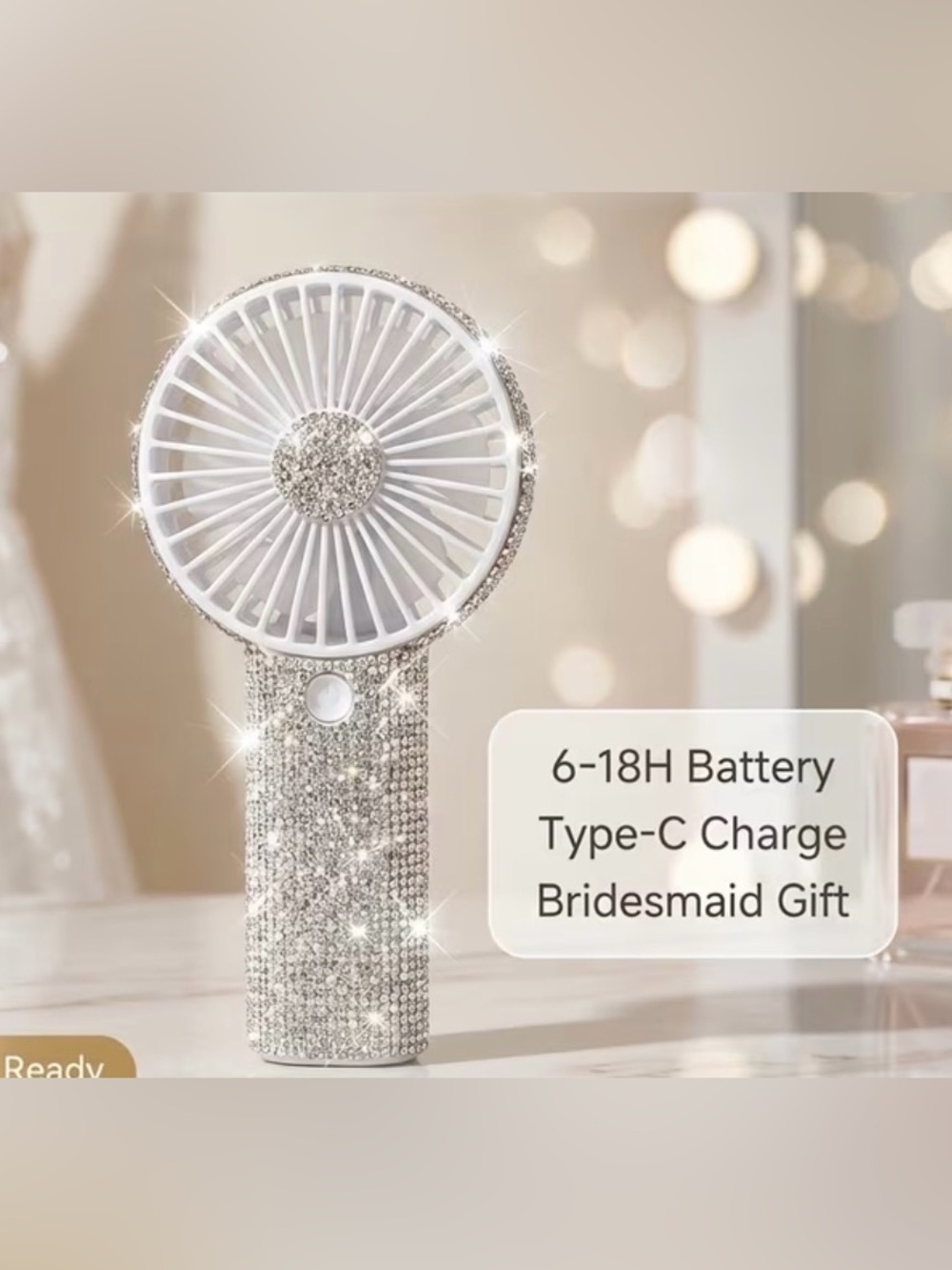 Mini Fan Crystal Rhinestone Portable Handheld Rechargeable Fan Silver NIB